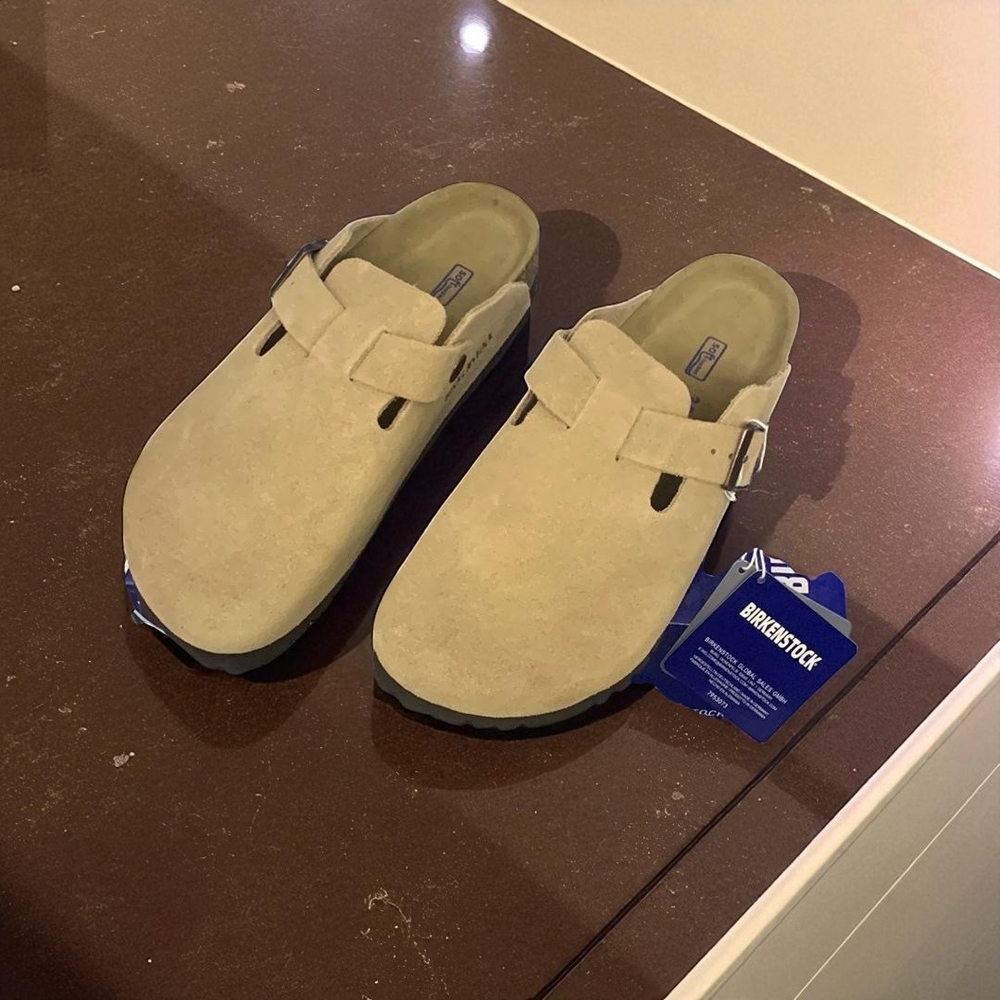 Birkenstock Boston Narrow Cream Mules with Cork Footbed
